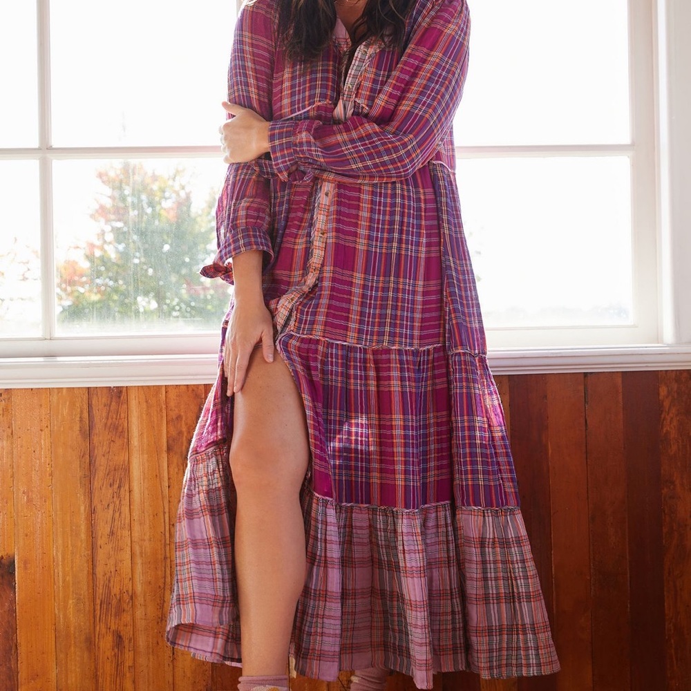 Anthropologie Vibrant Plaid Dress in Pink and Orange
